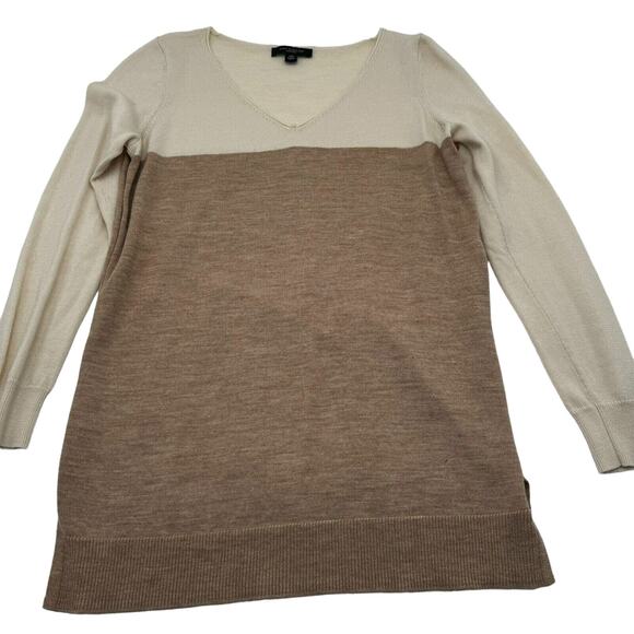 Ann Taylor Medium Petite Merino Wool Pullover Sweater Color block Cream Tan - Picture 2 of 8